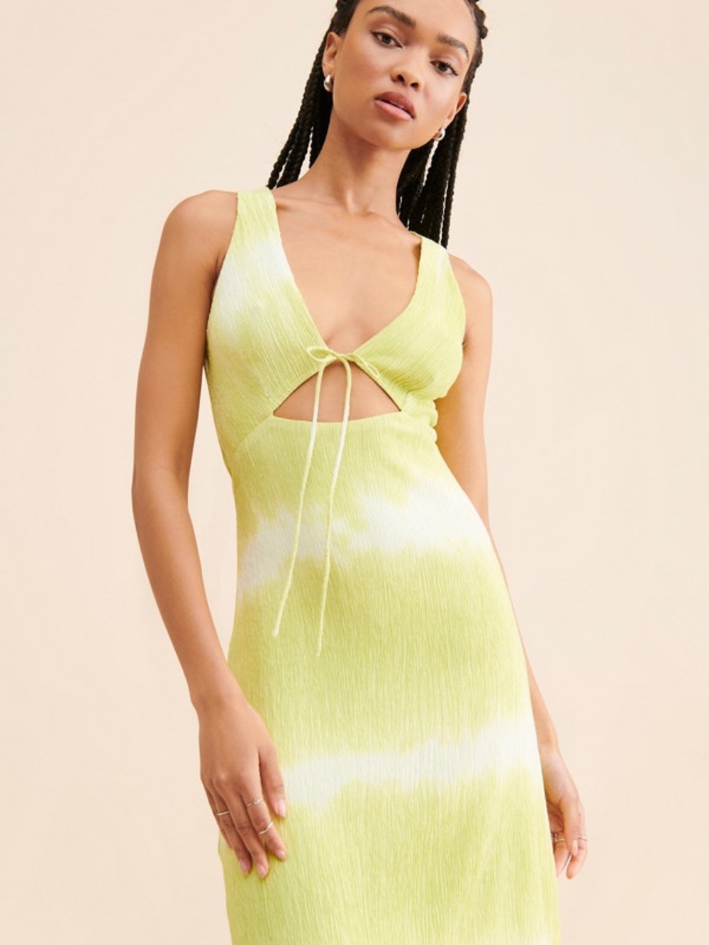 Tie-Front Cutout Colorful Midi Dress in Lime Green and White